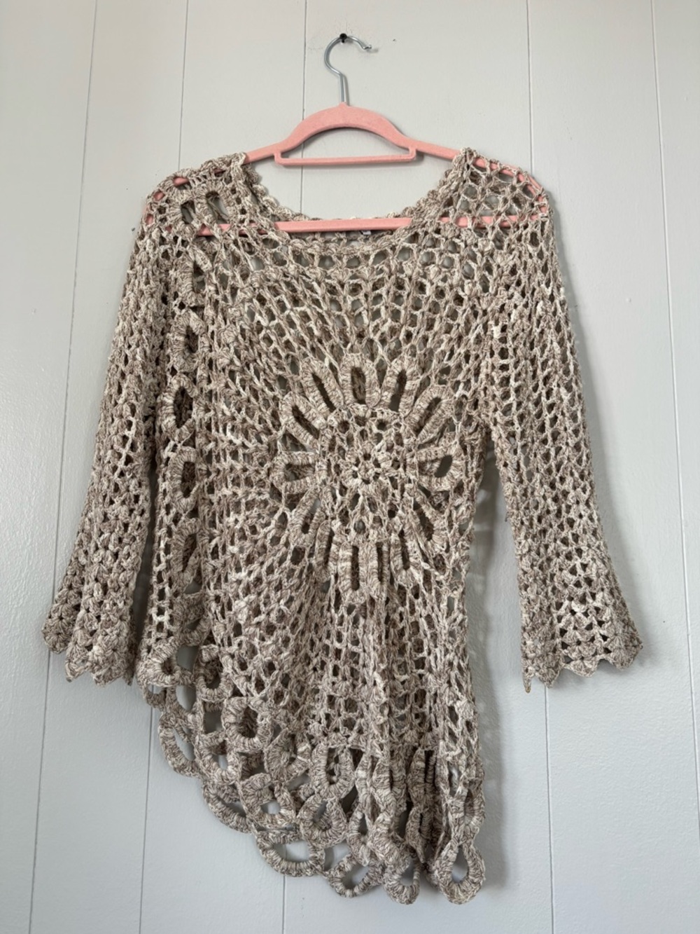 Y2K Boho Open Knit Crochet Top Beige/Tan Festival Asymmetric Size M